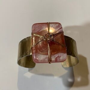 Hand Made Cuff bracelet. strawberry quartz and gold toned.